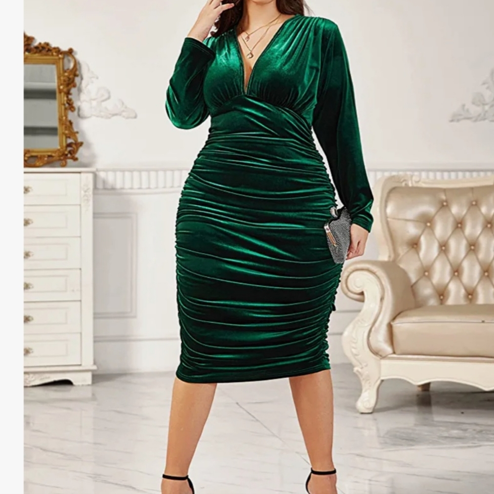Dark Green Velvet Dress with Deep V Neck
